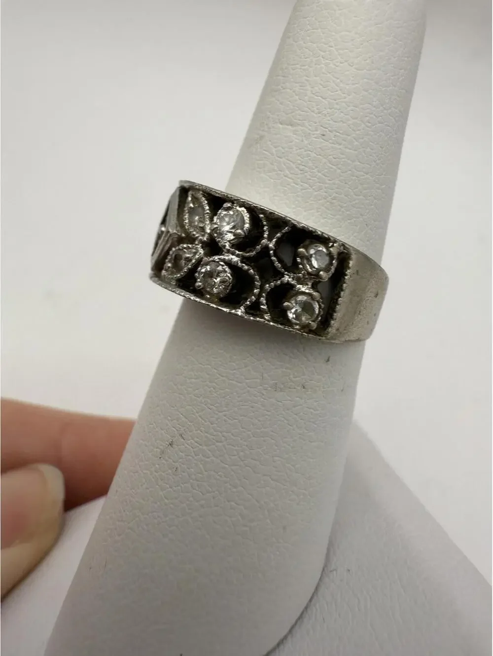 Vintage Silver  Decorative Ring with Clear Stones Size 5.75
